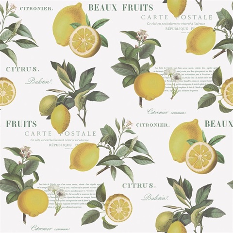 White Citron Lemon & Leaf Botanical Wallpaper