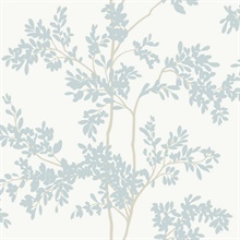 White &amp; Cloud Blue Lunaria Leaf &amp; Branches Wallpaper