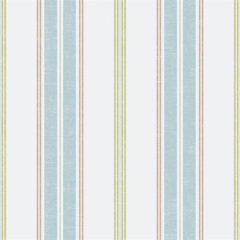 White, Cream, Green & Blue Commercial Traditional Stripe Wallpaper