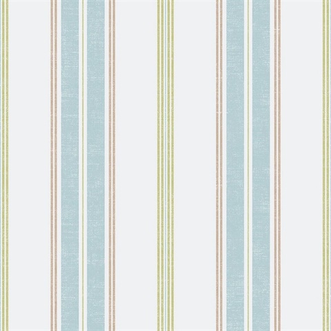 White, Cream, Green & Blue Commercial Traditional Stripe Wallpaper