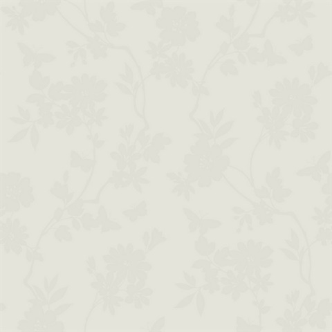 White Flutter Vine Textured Floral & Butterfly Wallpaper
