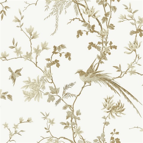 KT2174 | White & Gold Bird And Blossom Chinoserie Wallpaper