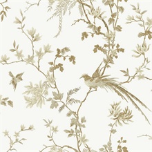 White &amp; Gold Bird And Blossom Chinoserie Wallpaper