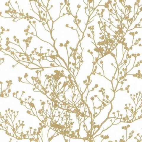 White & Gold Budding Tree Branch Silhouette Wallpaper