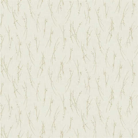 White & Gold Leaf & Sprig Banches Wallpaper