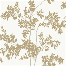 White &amp; Gold Lunaria Leaf &amp; Branches Wallpaper