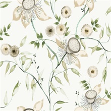 White &amp; Green Artistic Floral &amp; Leaf Wallpaper