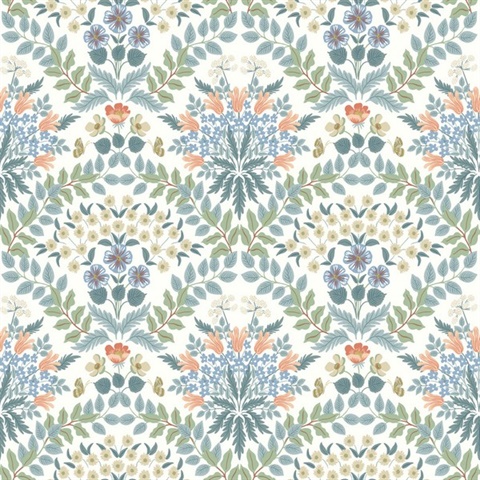 White & Green Bramble Abtract Floral Leaf Wallpaper