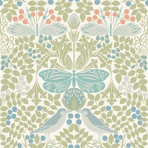 White & Green Butterfly & Bird Garden Wallpaper