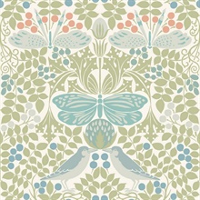 White & Green Butterfly & Bird Garden Wallpaper
