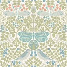 White & Green Butterfly & Bird Garden Wallpaper