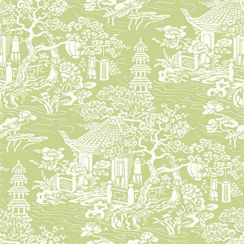 White & Green Commercial Oriental Scenic Wallpaper