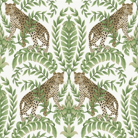 White & Green Jungle Leopard & Leaf Wallpaper