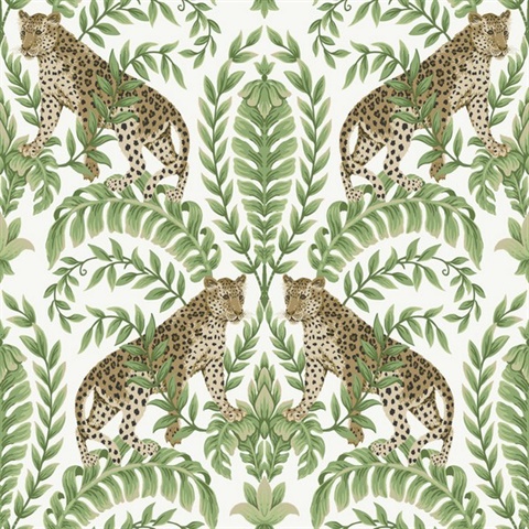 White & Green Jungle Leopard & Leaf Wallpaper