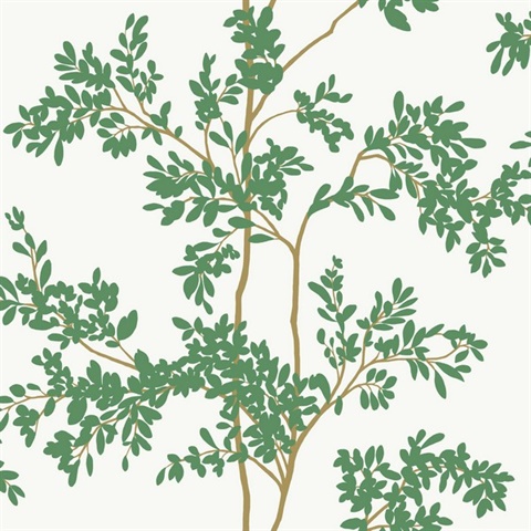 White & Green Lunaria Leaf & Branches Wallpaper