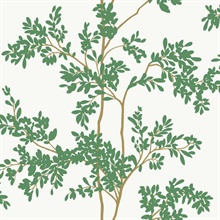 White &amp; Green Lunaria Leaf &amp; Branches Wallpaper