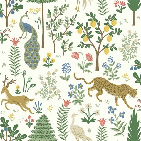 White & Green Menagerie Animal Forest Themed Wallpaper