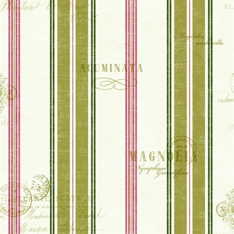 White, Green & Pink Commercial Island Stripe Wallpaper
