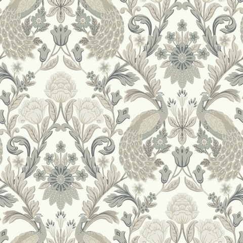 White & Grey Plume Dynasty Peacock Wallpaper