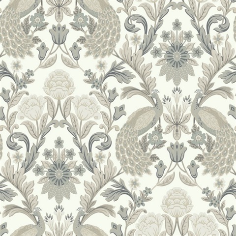 White & Grey Plume Dynasty Peacock Wallpaper