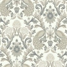 White &amp; Grey Plume Dynasty Peacock Wallpaper