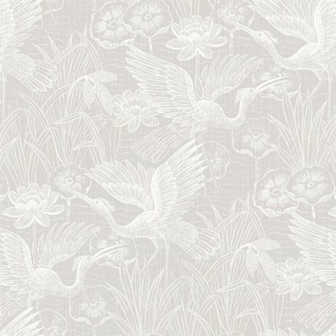 White Heron Floral Texture  Grey Wallpaper
