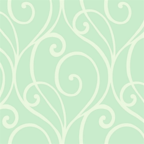 White & Light Green Commercial Modern Scroll Wallpaper