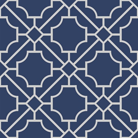 White & Navy Blue Lattice Geometric Wallpaper