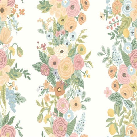 White & Peach Garden Party Vertical Trellis Stripe Wallpaper