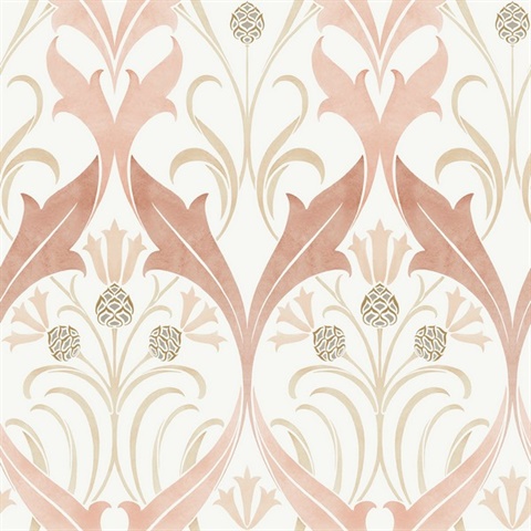 White & Pink Pine Cone Ribbon Damask Wallpaper