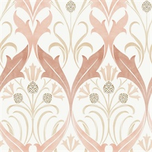 White &amp; Pink Pine Cone Ribbon Damask Wallpaper