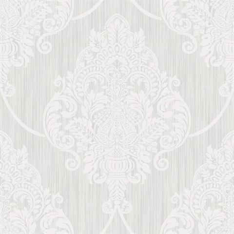 White Raised Large Textured Damask Wallpaper