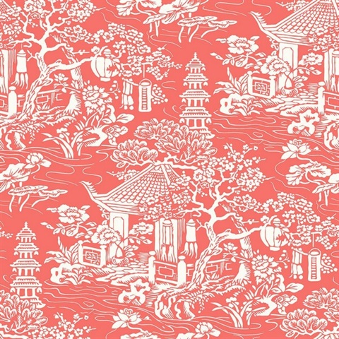 White & Red Commercial Oriental Scenic Wallpaper