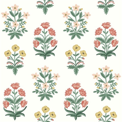 White & Red Mughal Rose Floral Block Print Wallpaper