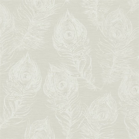 White Regal Peacock Feather Faux Silk Wallpaper