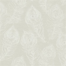 White Regal Peacock Feather Faux Silk Wallpaper