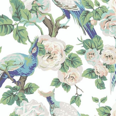 White & Royal Blue Garden Plume Wallpaper