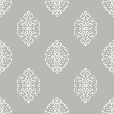 White & Silver Commercial Ironwork Medallion Wallpaper