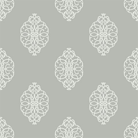 White & Silver Commercial Ironwork Medallion Wallpaper