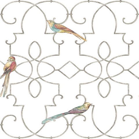 White & Silver Commercial Ironwork with Birds Wallpaper