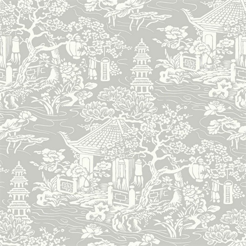 White & Silver Commercial Oriental Scenic Wallpaper