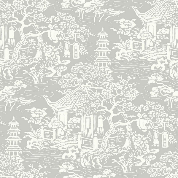 White & Silver Commercial Oriental Scenic Wallpaper | Silver Oriental ...