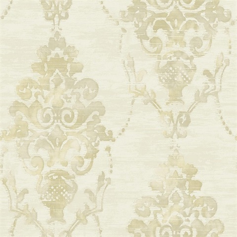 White & Tan Commercial Impressionist Damask Wallpaper