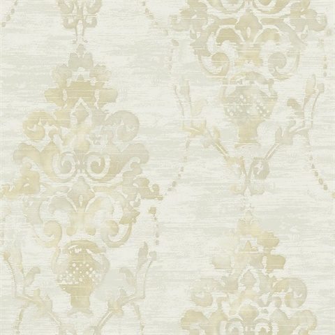 White & Tan Commercial Impressionist Damask Wallpaper
