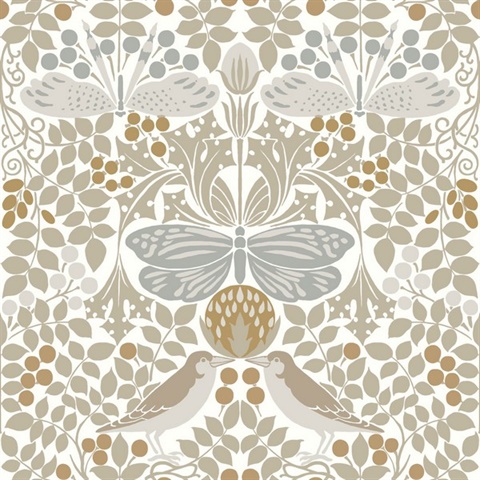 White & Taupe Butterfly & Bird Garden Wallpaper