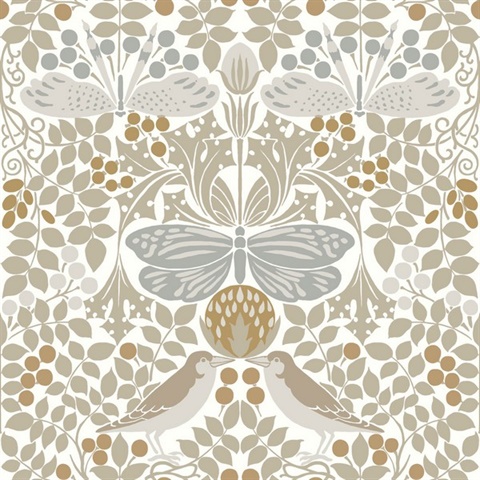 White & Taupe Butterfly & Bird Garden Wallpaper