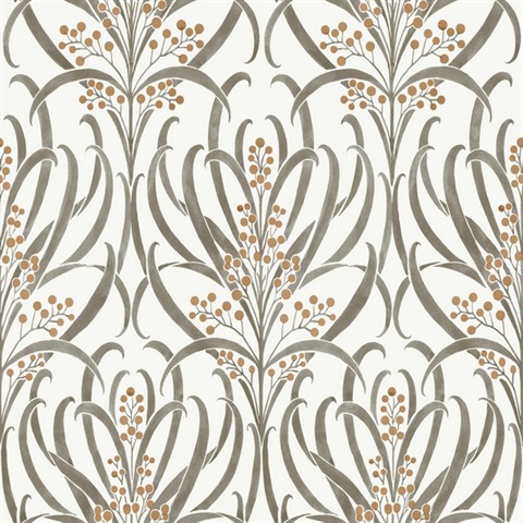 White & Taupe Calluna Leaf Wallpaper