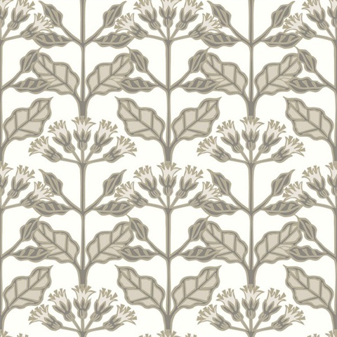 White & Taupe Tracery Blooms Wallpaper