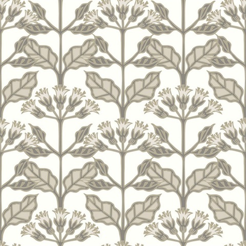 White & Taupe Tracery Blooms Wallpaper