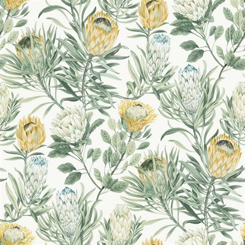 White & Yellow Large Drawn Protea Floral & Leaf Wallpaper